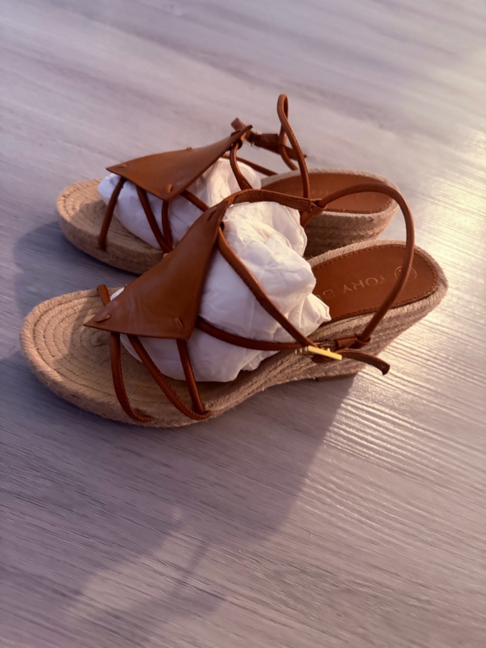 Tory Burch Tan Leather Espadrille Wedge Sandals
